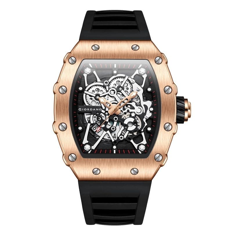 Giordano Analog Watch for Men - Skeleton-Style Dial | Brushed Steel Case with Silicone Strap