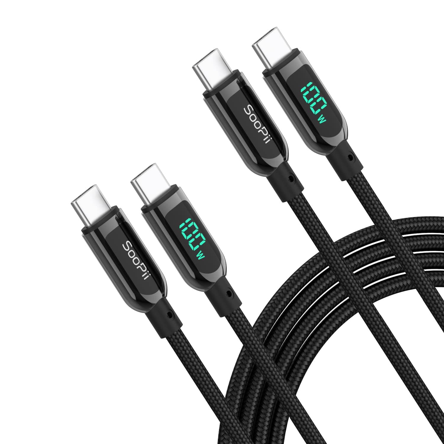 SOOPII 100W USB C to USB C Cable,[4ft,2-Pack],Nylon Braided Fast Charging Cable with LED Display for lPad Air/lPad Pro, MacBook Pro, Samsung Galaxy S2...
