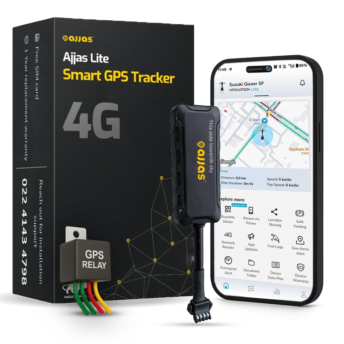 Ajjas 4G Lite (Remote Engine Lock) - Wired Hidden AI Smart GPS with Driving Score, Location Tracking, Geo Fence Alert, More 15+ Features for Car, Bike...