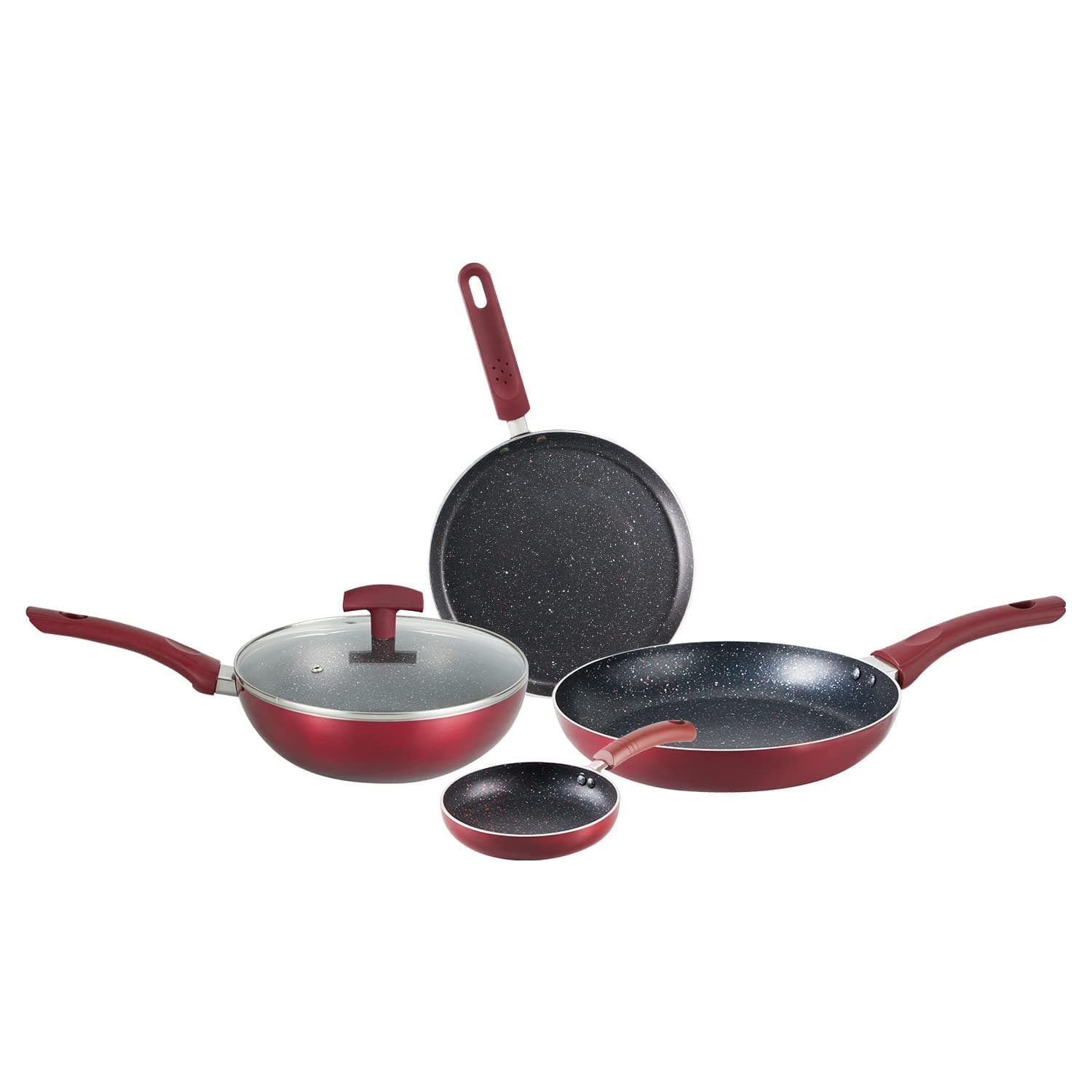 Bergner Amarone 5 Pcs Induction Bottom Cookware Set of 24 cm (2.4 L) Kadhai with Glass Lid, 24 cm (1.3 L) Fry Pan,25 cm Tawa, 14 cm Mini Pan, Inductio...