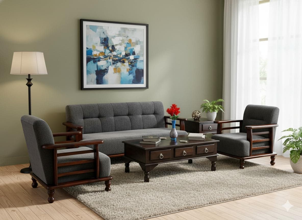 DaneWood Sheesham Wood 5 Seater Sofa Set with Dark Grey Cushions for Bedroom Living Room Hall Home | Wooden Furniture Five Seater (3+1+1) Sofa Set for Office & Lounge | Walnut Finish