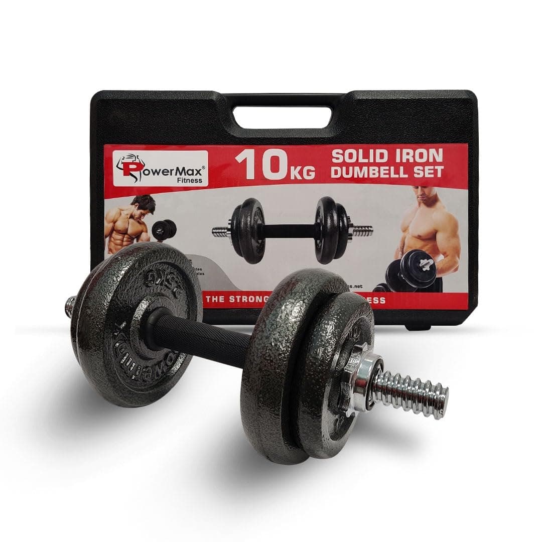 PowerMax Fitness Adjustable Dumbbell Set - Coated Iron Dumbbell and Anti-Slip Rod Set For Home Workout with Carry Case