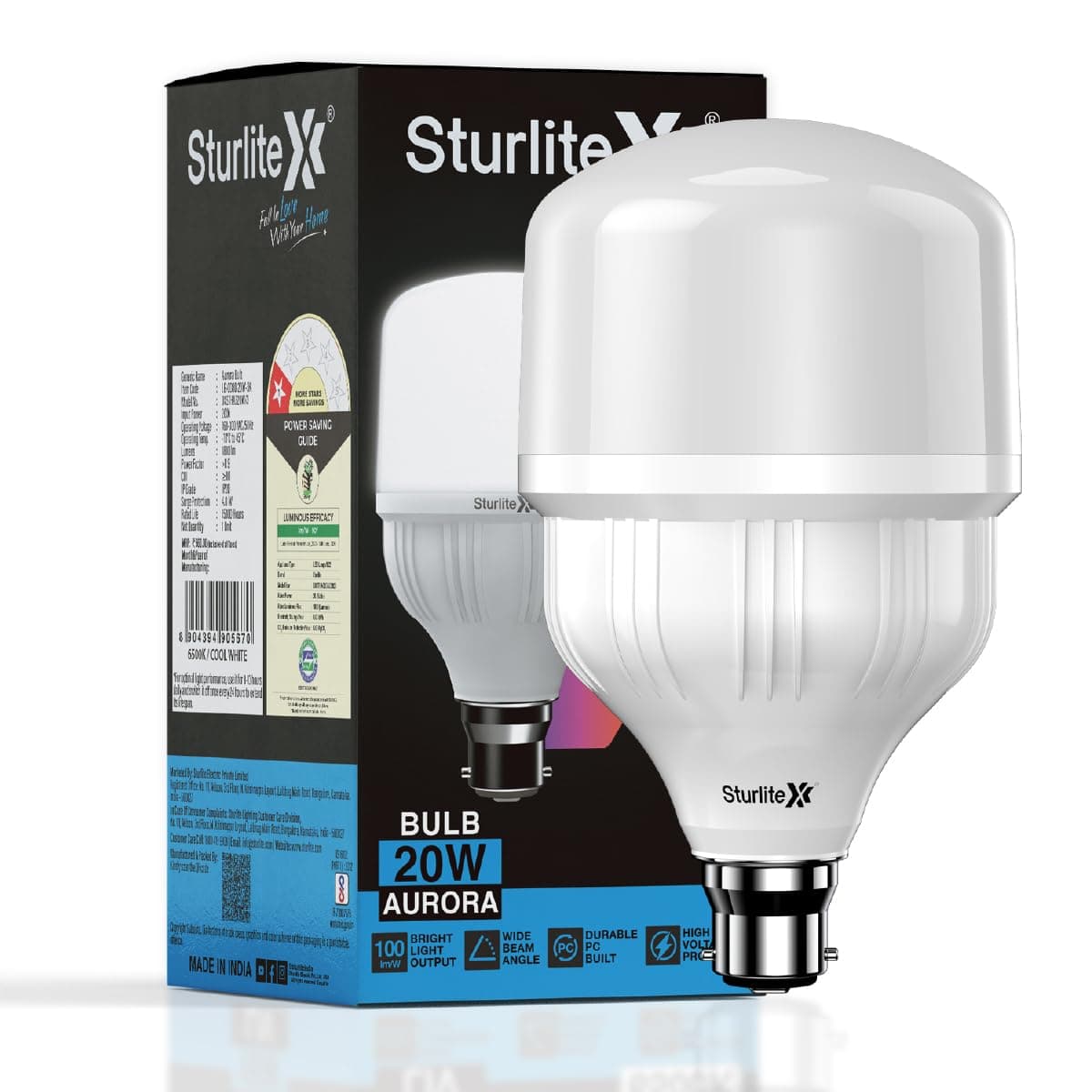 Sturlite Aurora 20W LED Bulb| 100 lm/W Bright Light Ouput| Durable PC Built| High Voltage Protection| 15000Hr Rated Life| BIS and BEE Approved| B22 Ba...
