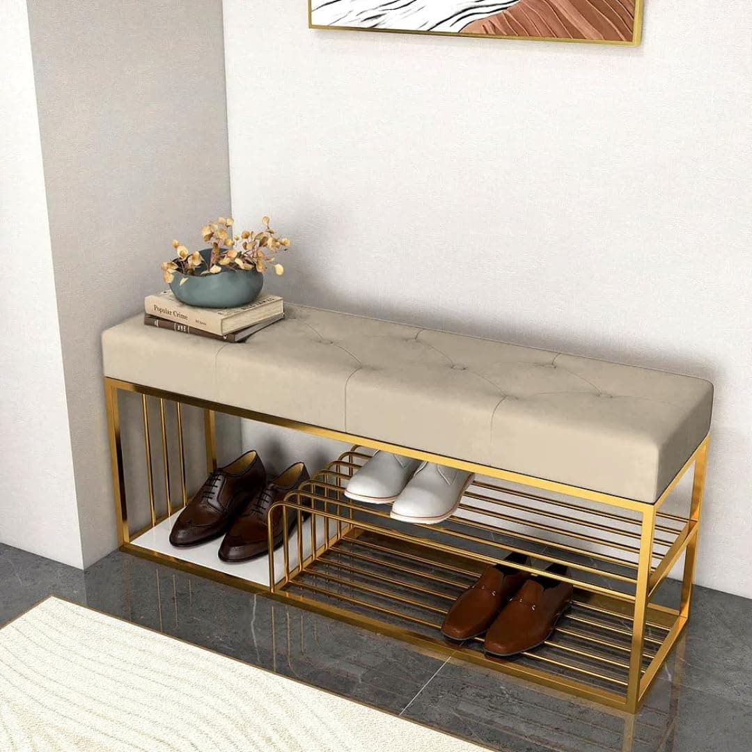 Skafa Metal End of Bed Bench-Upholstered Entry Shoe Storage with Nailhead Trim,Black Mental Frame Ottoman Bench for Bedroom Entry Window Mudroom Living Room (White)