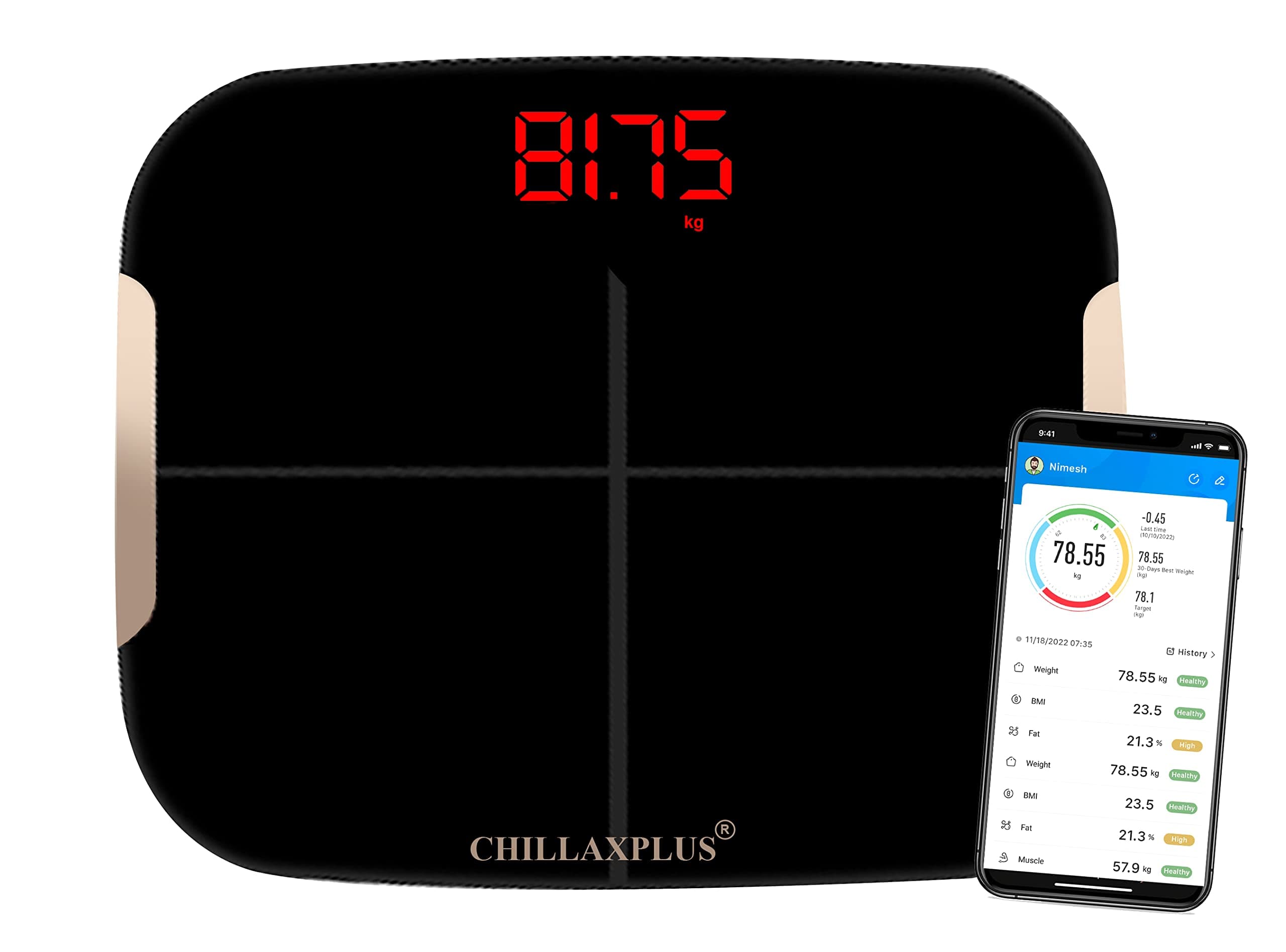 CHILLAXPLUS Weight Machine for Body Weight, Bluetooth Digital Weighing Machines for Body Weight, Easy to Read Weighing Scale