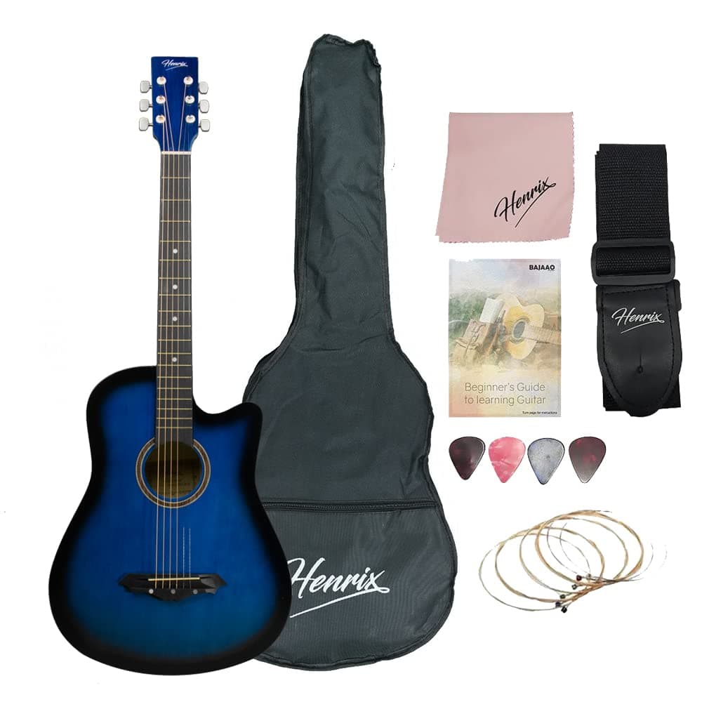 Henrix 38C 38 inch Cutaway Acoustic Guitar with Dual Action Truss Rod, Gigbag, Picks, String Set, Strap, Cloth & Ebook (Blue Burst)