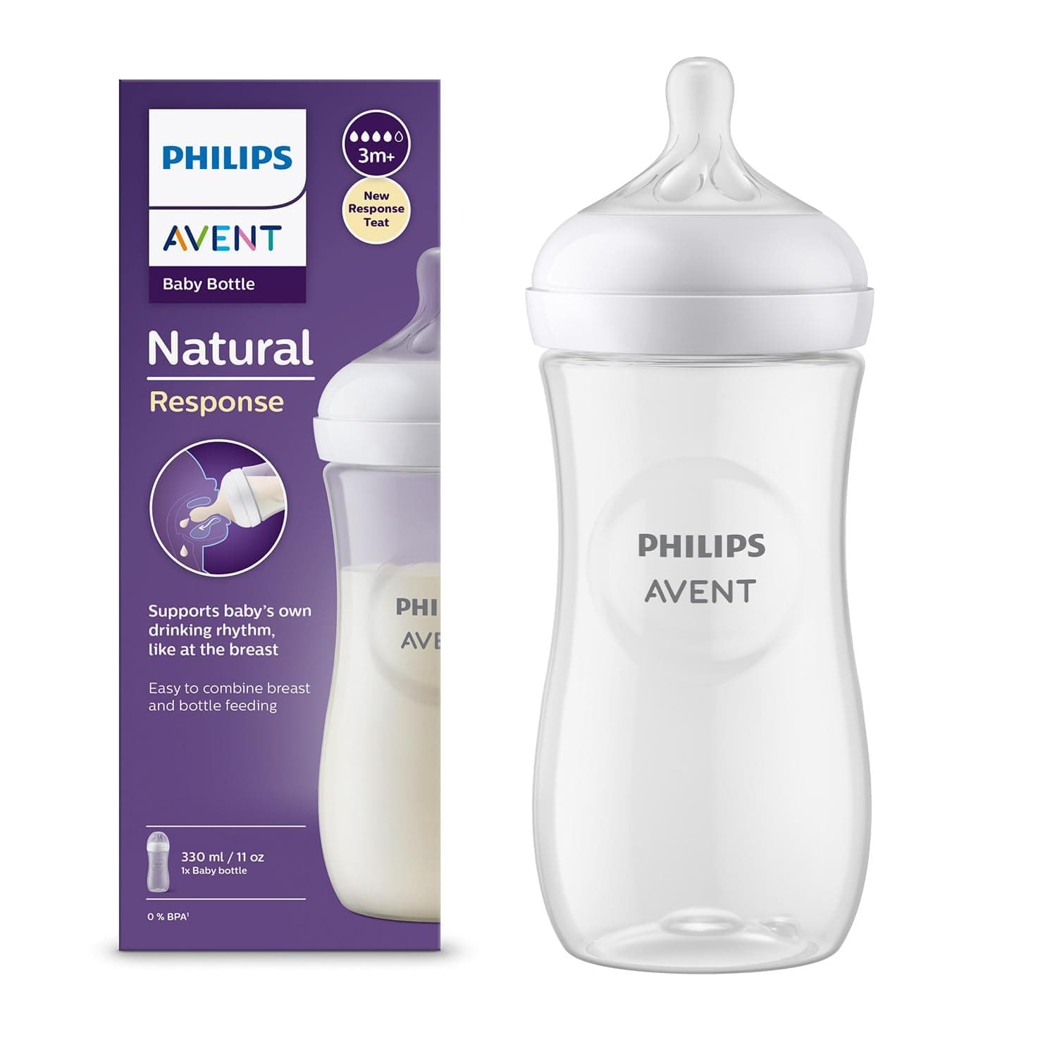 Philips Avent Natural Response Baby Feeding Bottle - 330ml Baby Milk Bottle, BPA Free for Babies with 3M+ Teat (Model SCY906/01) (Pack of 1)