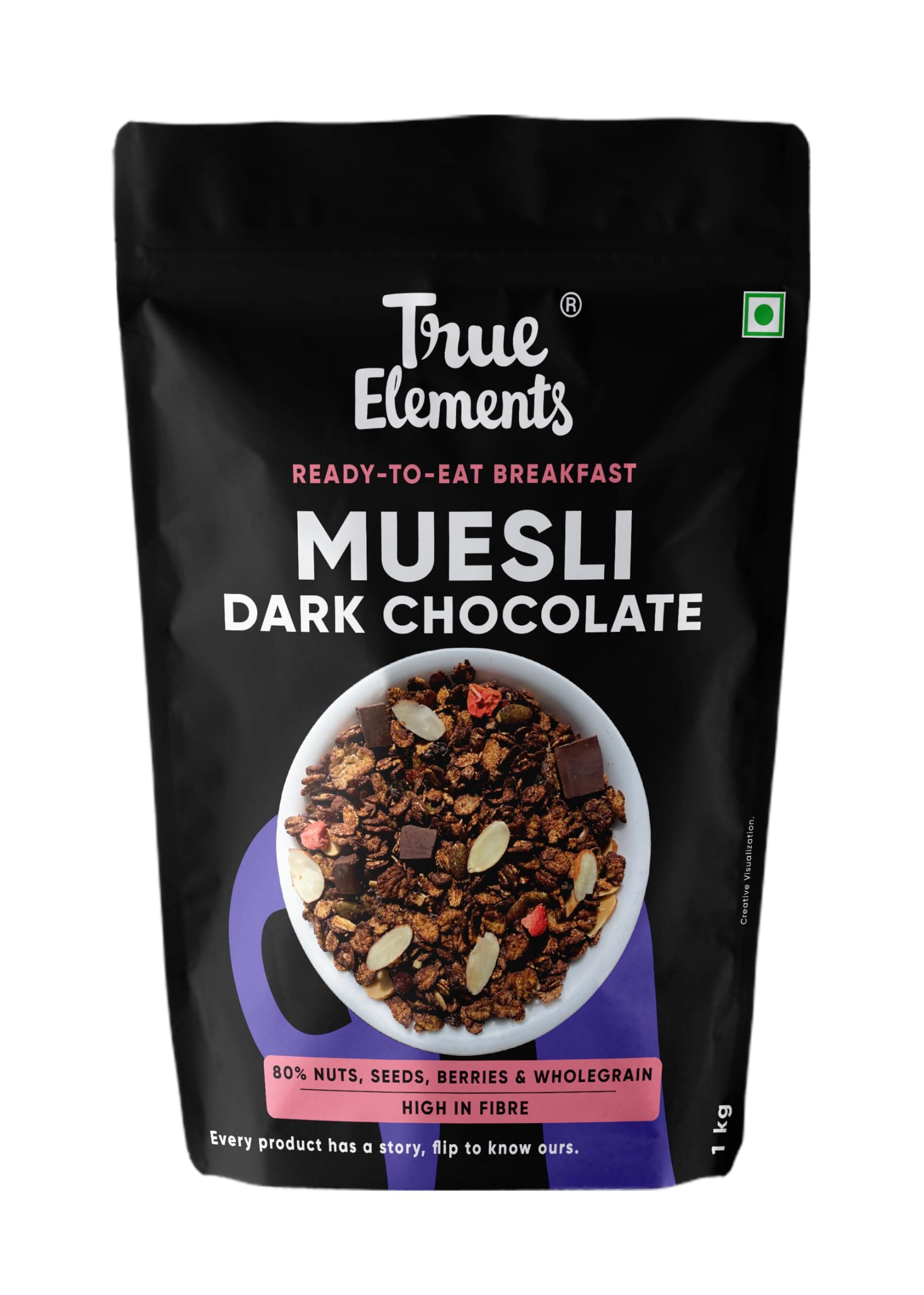 True Elements Dark Chocolate Muesli 1kg - Nuts & Berries Muesli | 13% Millet | Cereal for Breakfast | High Protein