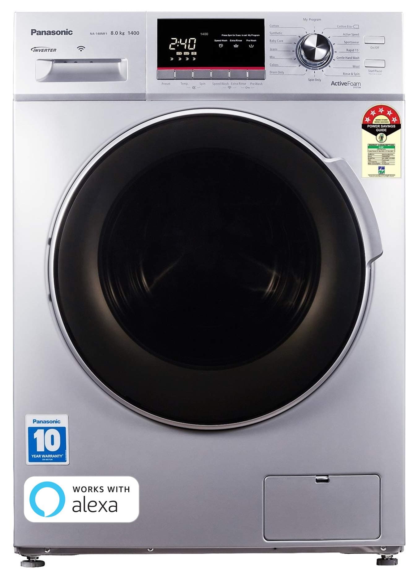 Panasonic 8.0 Kg 5 Star Wifi Inverter Fully-Automatic Front Loading Washing Machine (NA-148MF1L01, Silver, Compatible with Al