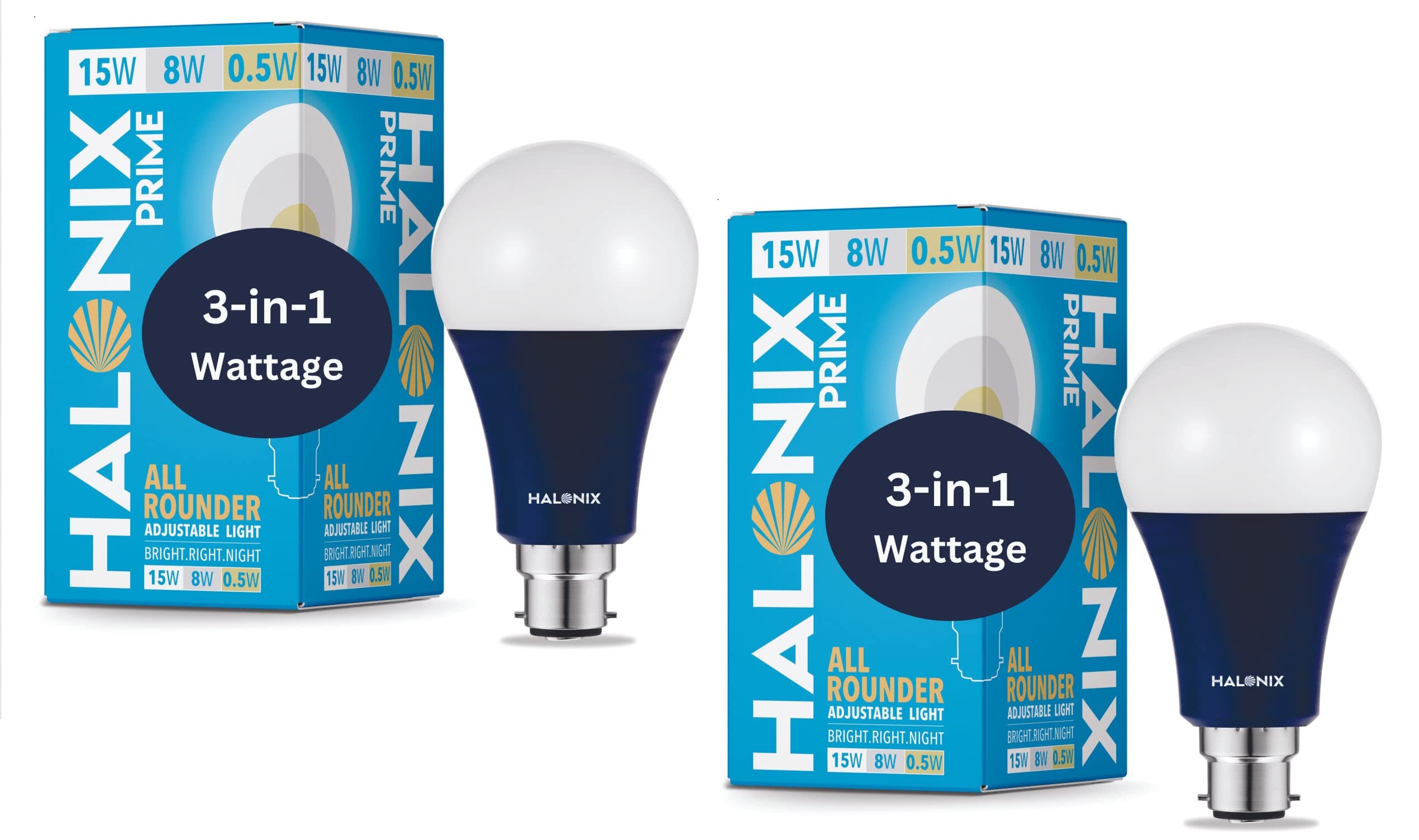Halonix All Rounder Base B22 15W, 8W, 0.5Watts Multi Wattage Adjustable Light LED Bulb (Pack of 2, White & Yellow)
