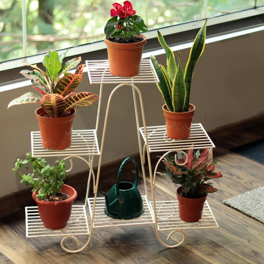 TrustBasket Marvel Planter Stand (Ivory) | Metal Pot Stand for multiple plants | Indoor/Outdoor | For Balcony, Living Room Decor | For 6 Planters