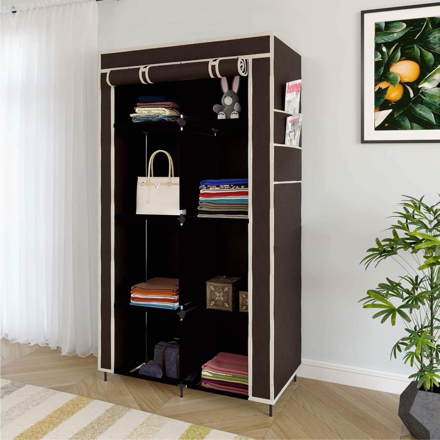 Whitecloud TRANSFORMING HOMES 4+4 Layer Collapsible Wardrobe for Clothes with Side Pocket 7800-2 (84CM x 42.5CM x 166CM, Brown)