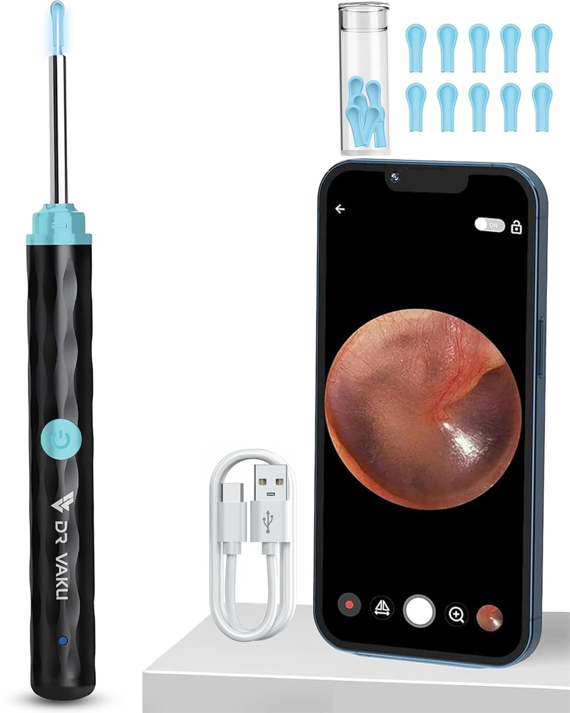 Dr Vaku Earocam Earwax Removal Tool Kit with HD Camera Wifi Connection & 6 LED Lights Endoscope Tool Ear Cleaner for iOS & Android + 10 Silicone Tips ...
