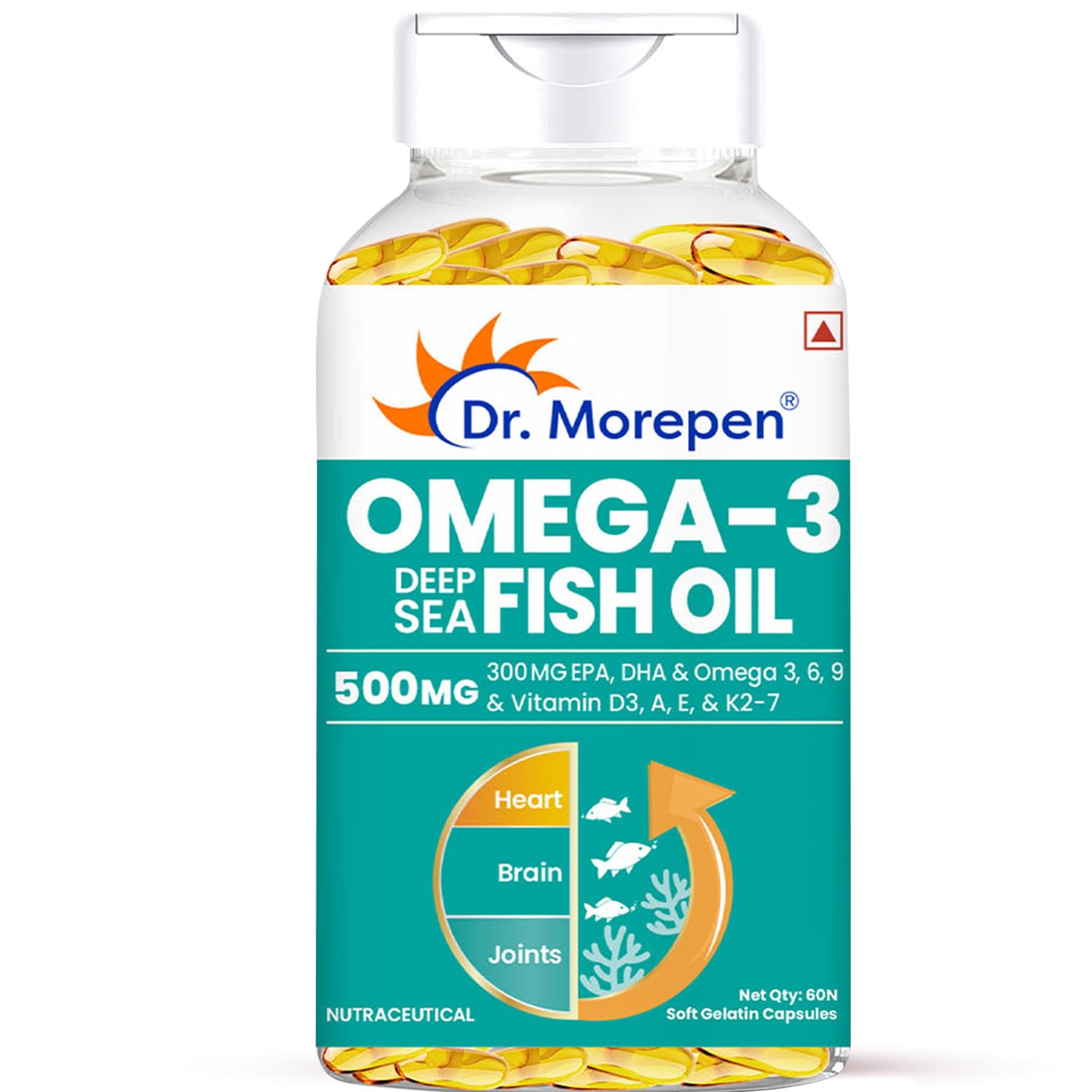 DR. MOREPEN Omega 3 Deep Sea Fish oil for Heart, Brain & Joints, 500mg Omega with 180 mg EPA and 120mg DHA with Vitamin A, D, E & K2 | 60 softgels