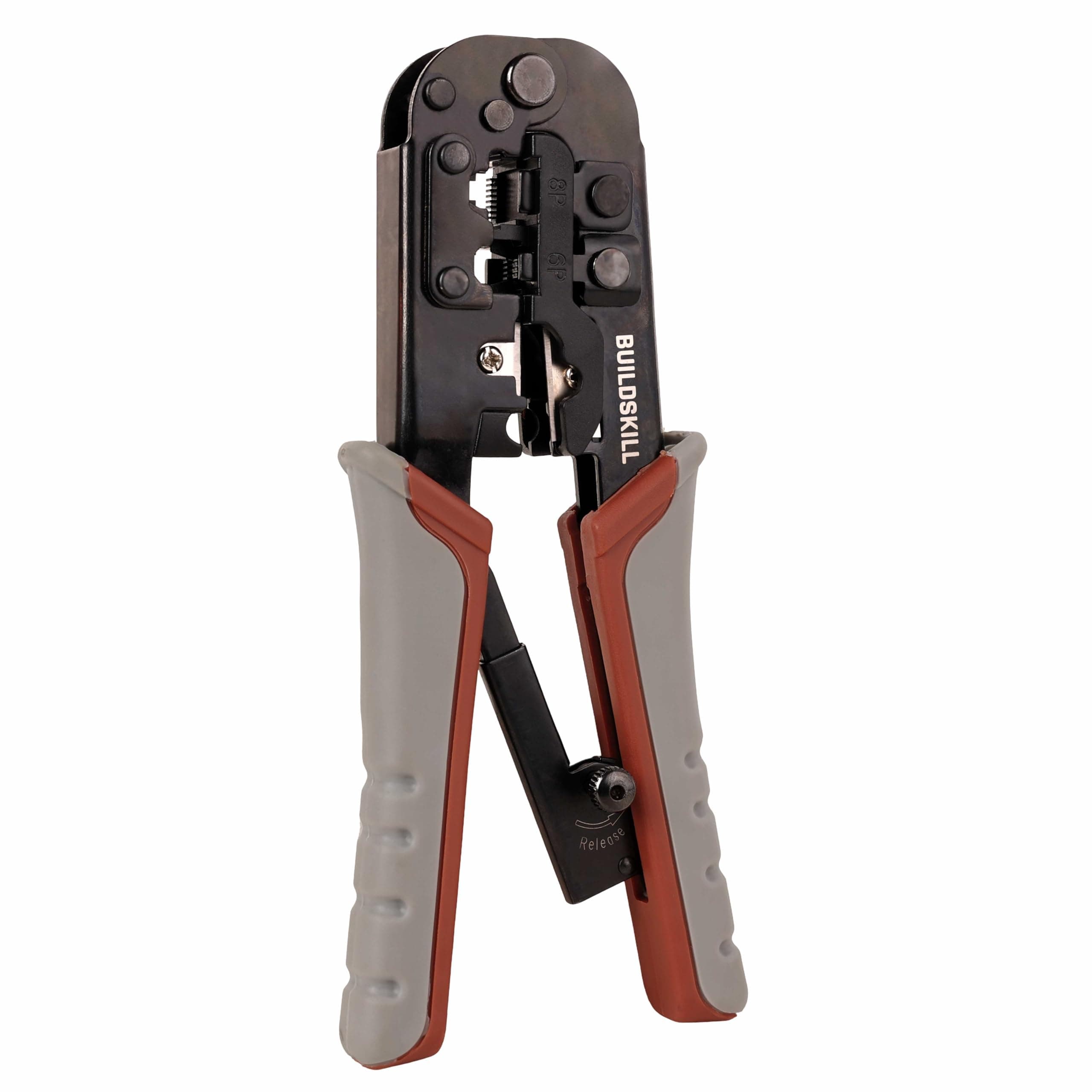 BUILDSKILL 3-in-1 network crimping tool, wire stripper and cutter | ergonomic design with TPR soft grip handle | 2mm heavy-duty metal body | ethernet ...