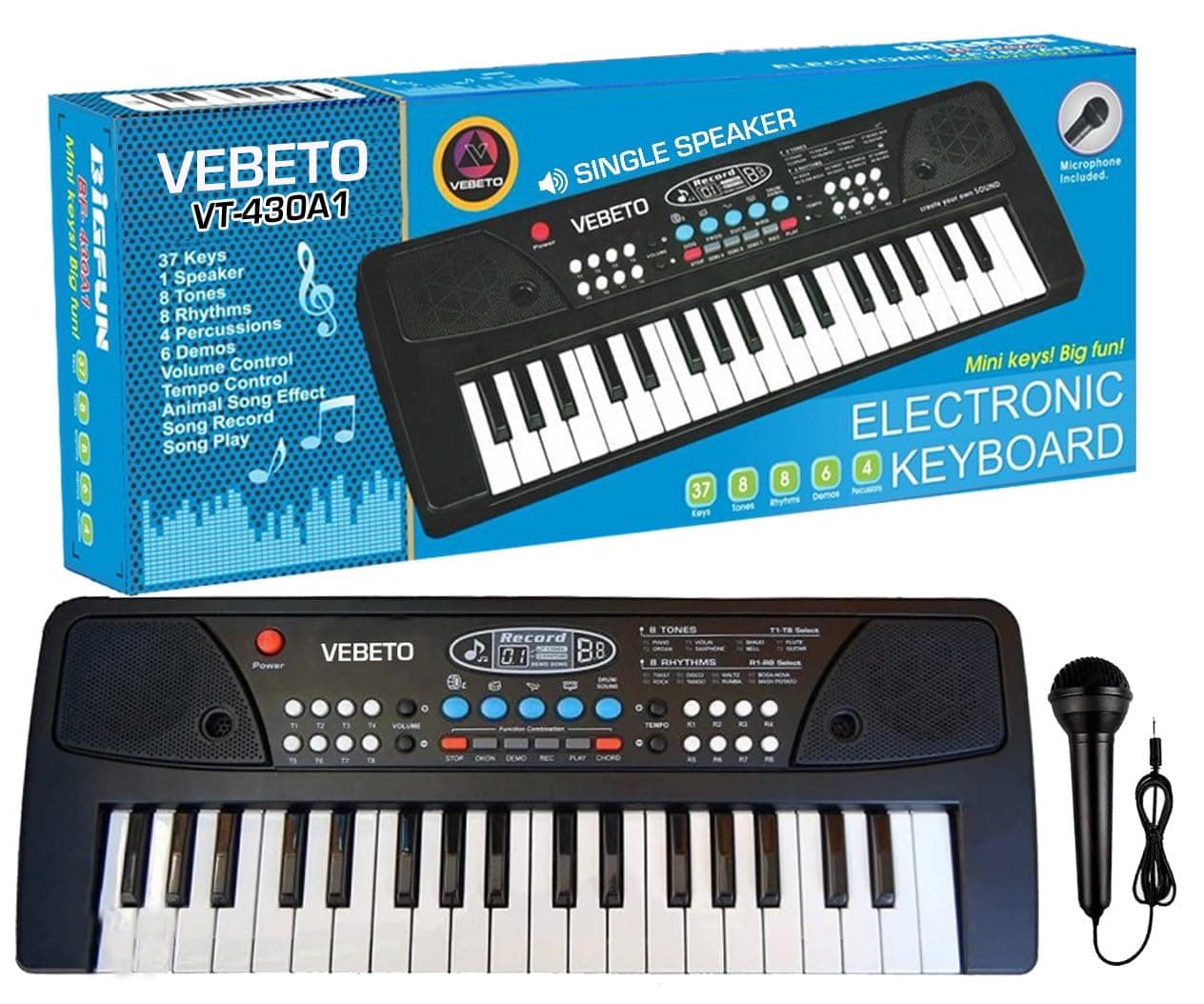 VEBETO Kids Piano with Mic (1 Year Extended Warranty) 37 Keys 8 Rhythms 8 Tones 6 Demos Portable Electronic Keyboard Toy Beginners Educational Songs R...