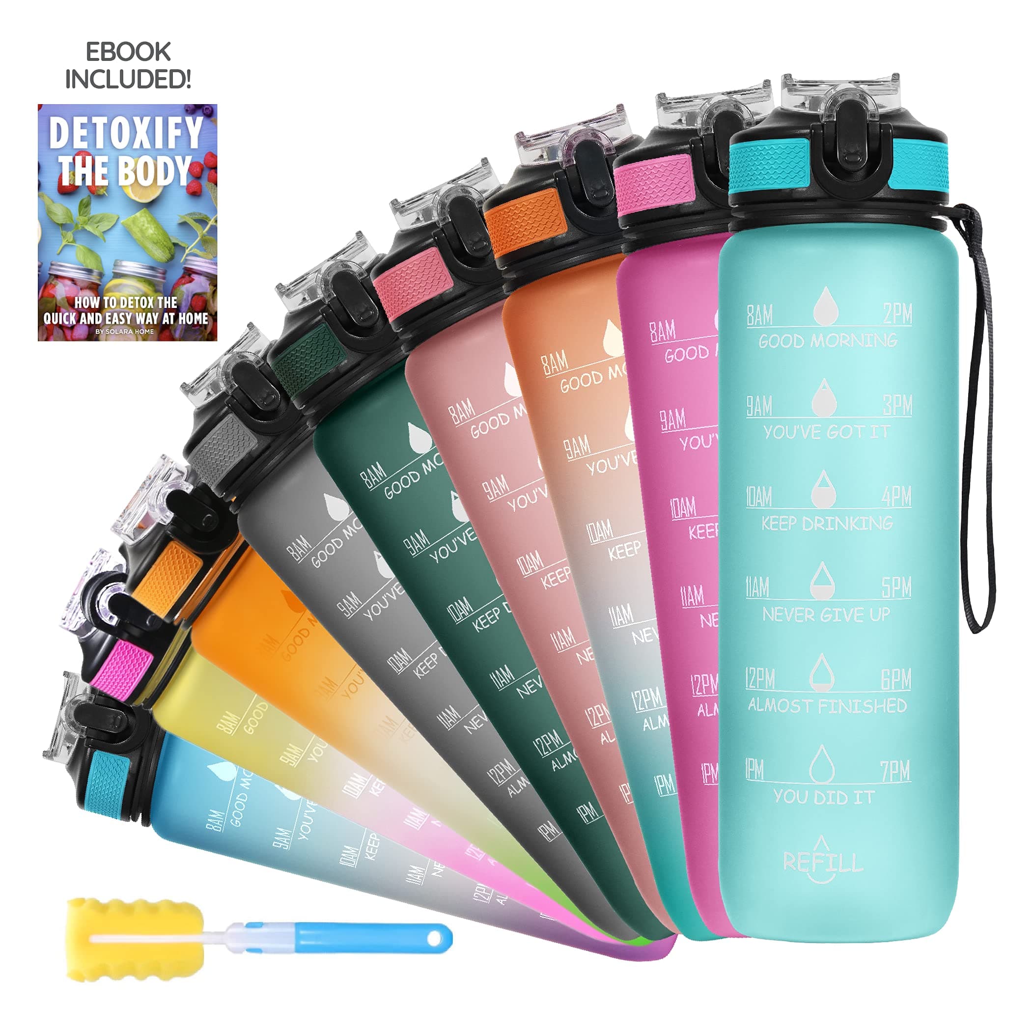 SOLARA SOL-WB-104 Tritan Water Bottle with Motivational Time Marker, 1000ml, Set of 1, Cool Aqua Green Water Bottles