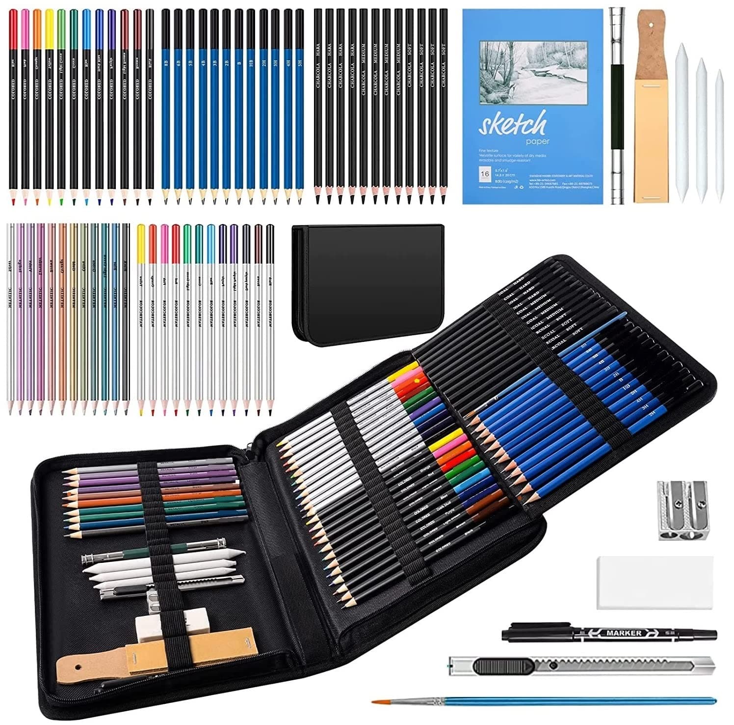 Corslet 96 Pc Sketching Kit 72pcs Colour Pencil Drawing Pencils for Artists Kit A5 Sketch Book Charcoal Pencil Art Supplies for Artist Pencil Set Sketch Pencils Set for Artists Drawing Kit Nylon Case