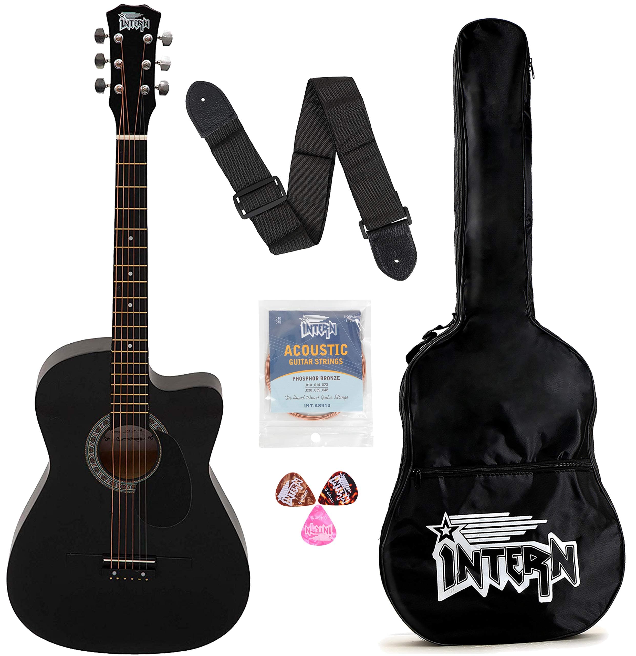 Intern INT-38C-BK-G Cutaway Right Handed Acoustic Guitar Kit, With Bag, Strings, Pick And Strap (Black, 6 Strings)