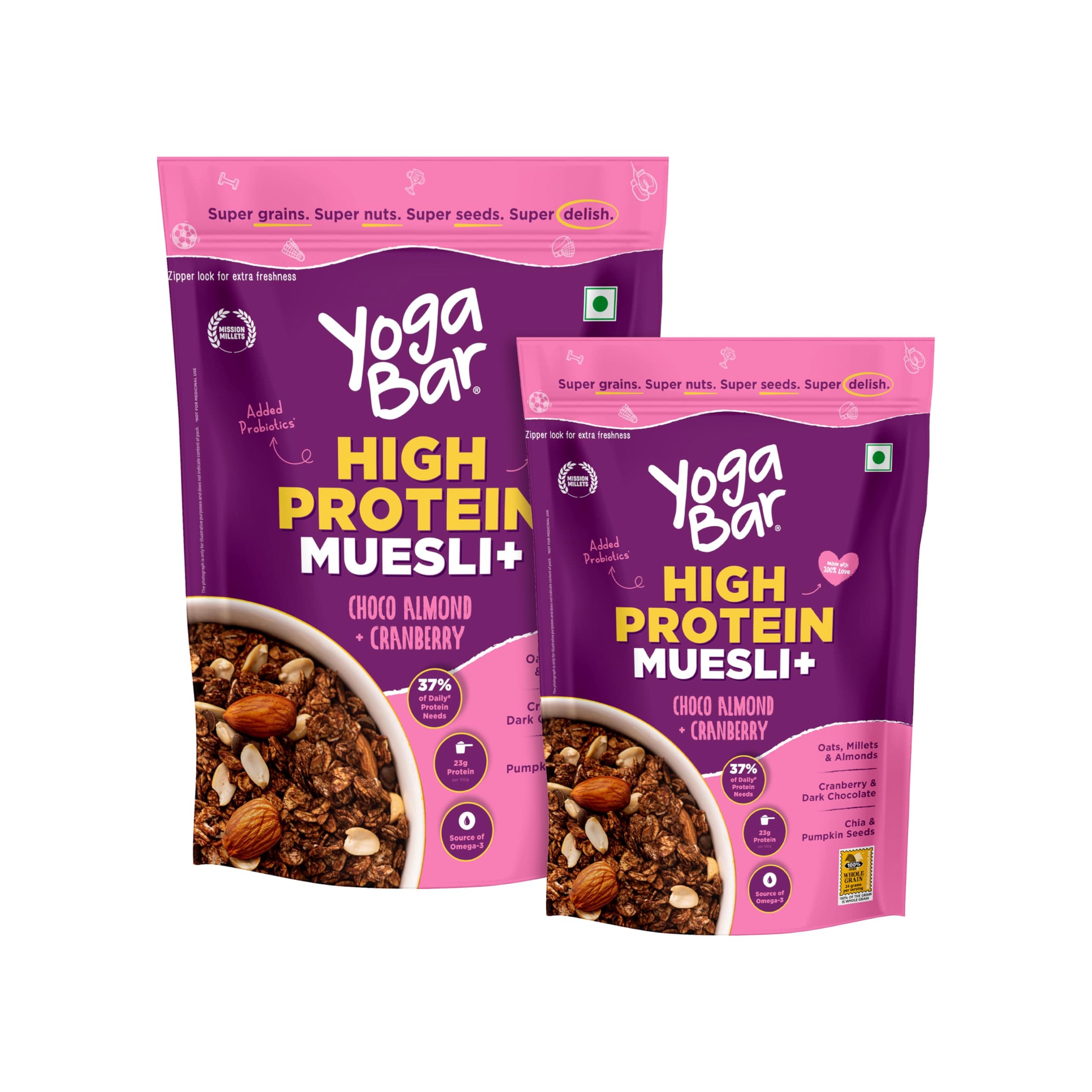 Yogabar Super High Protein Muesli Combo | 23g Protein | With Probiotics and Whey | No Refined Sugar | Easy on gut | Choco Almond | Protein Snack | Hig...