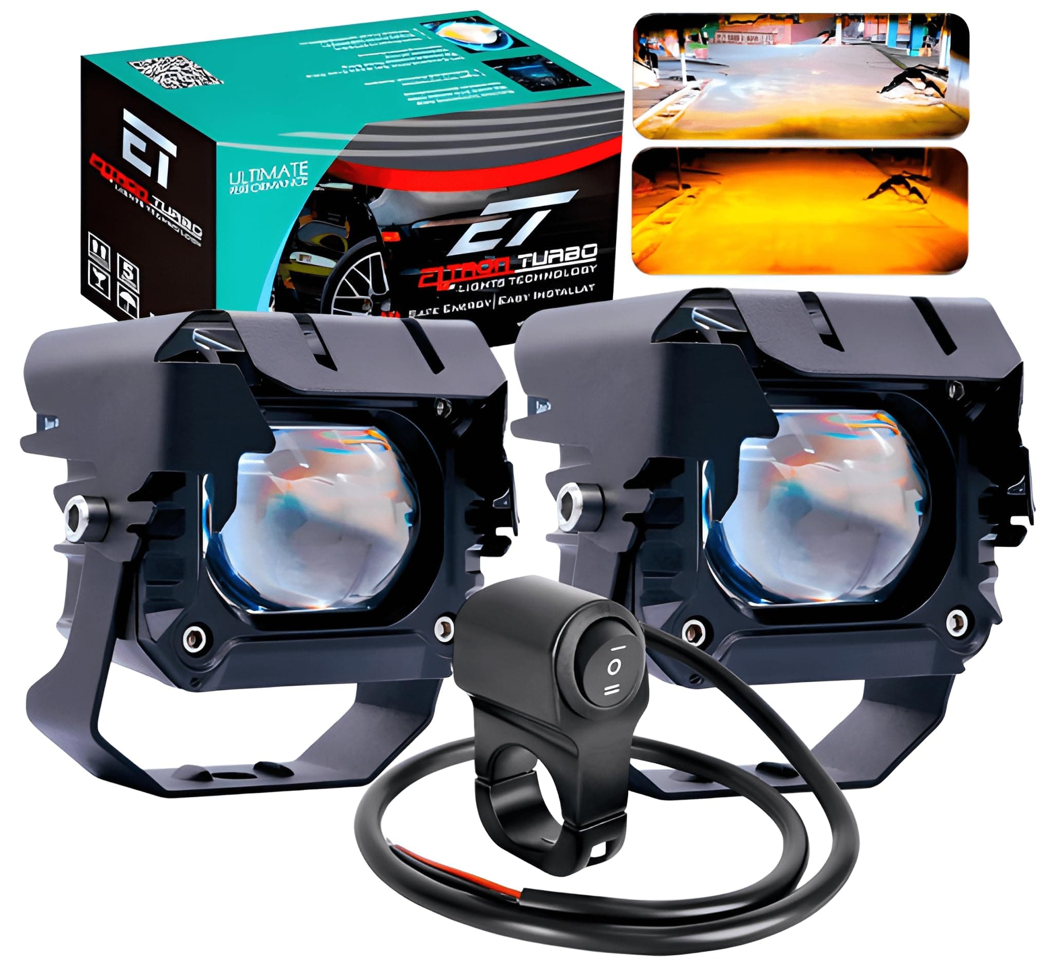 Eltron Turbo 3 MONTHS Warranty DC Power Super High Bright Ultra Fog Light Universal For All Bikes & Car Projector Light 2 Color White & Yellow Spot Beam (Pack of 2, Free On/Off Switch, 12V DC 20W Each)