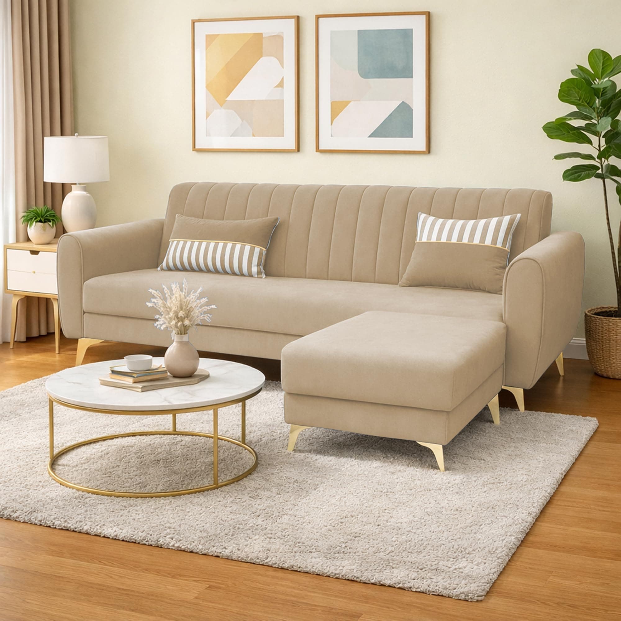 Adorn India Premium Luster 4 Seater L Shape Sofa Set | Velvet Suede Fabric | 3-Year Warranty | Color Beige with Golden Legs & Striped Pattern Cushion