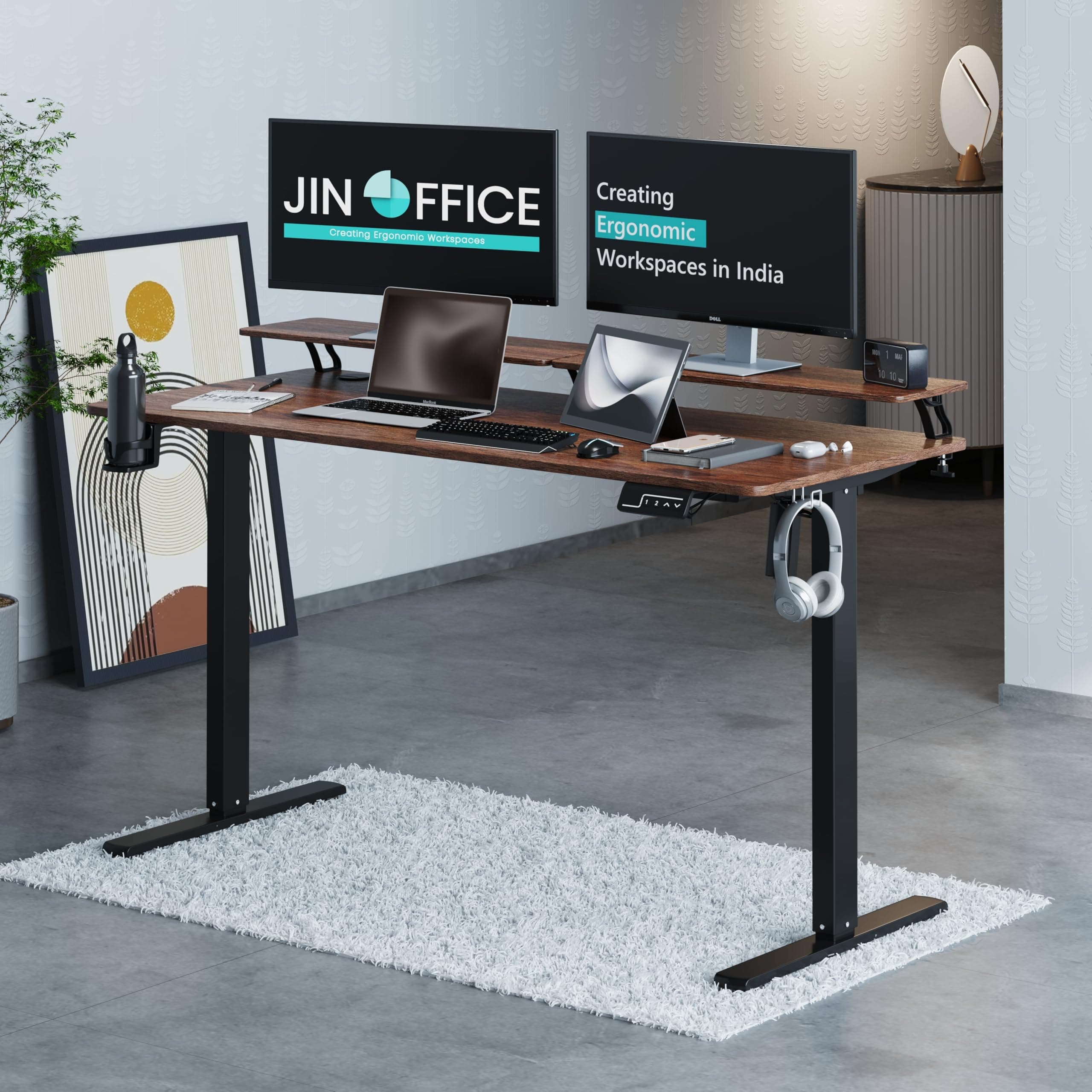 JIN OFFICE Cast Iron Black Electric Height Adjustable Table Desk with Additional Tier/Layer Shelf for Monitor |80 KG Weight Capacity,3 Memory Presets,