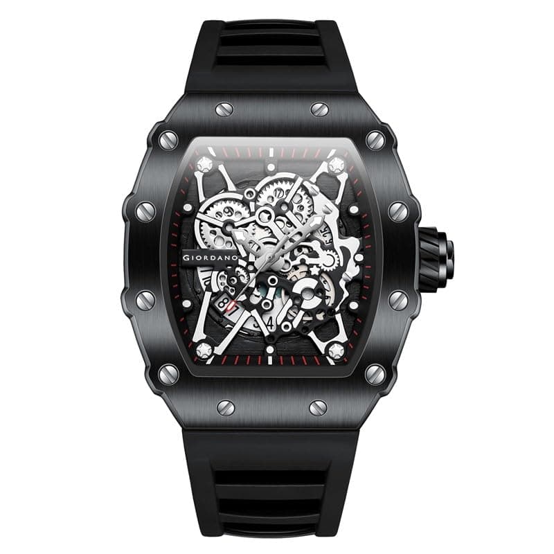 Giordano Analog Watch for Men - Skeleton-Style Dial | Brushed Steel Case with Silicone Strap