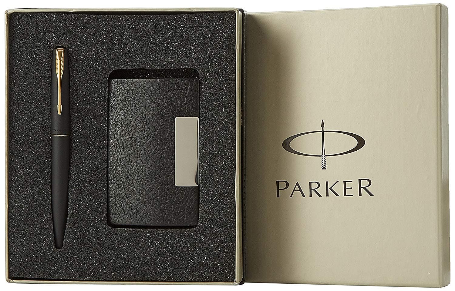 Parker Frontier Gold Trim Roller Ball Pen with Free Card Holder (Matte Black), 2 Piece Set