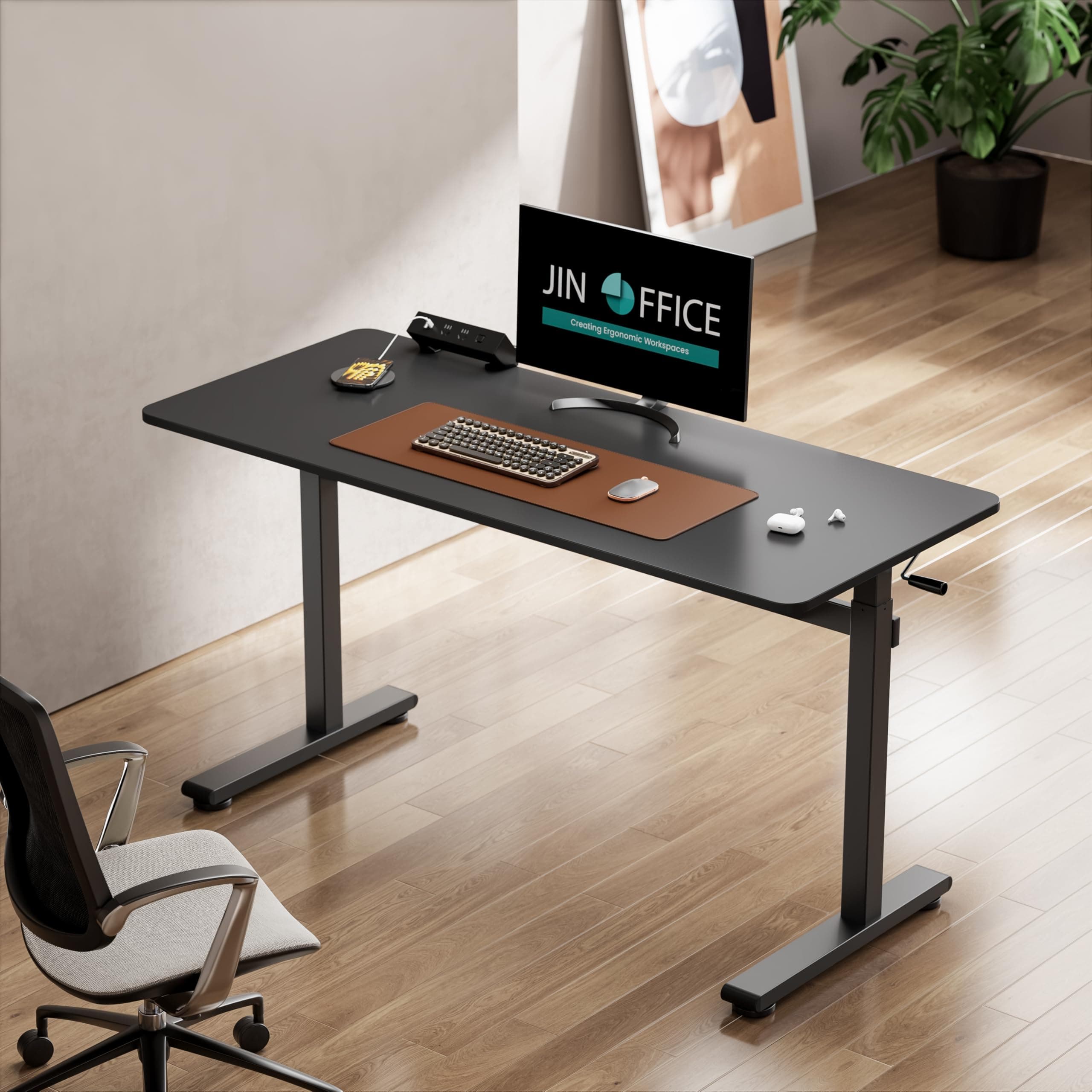 Jin Office Height Adjustable Desk Manual | Manual Sit Stand Desk With Hand Crank And Crossbar | 1400 * 600Mm Table Top - Mild Steel, Polished